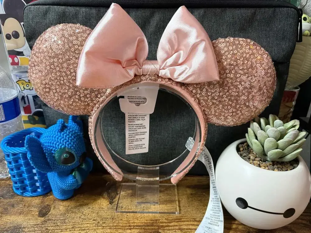 NWT Disney Parks Rose Gold Sequin Ear Headband with Satin Pink Bow